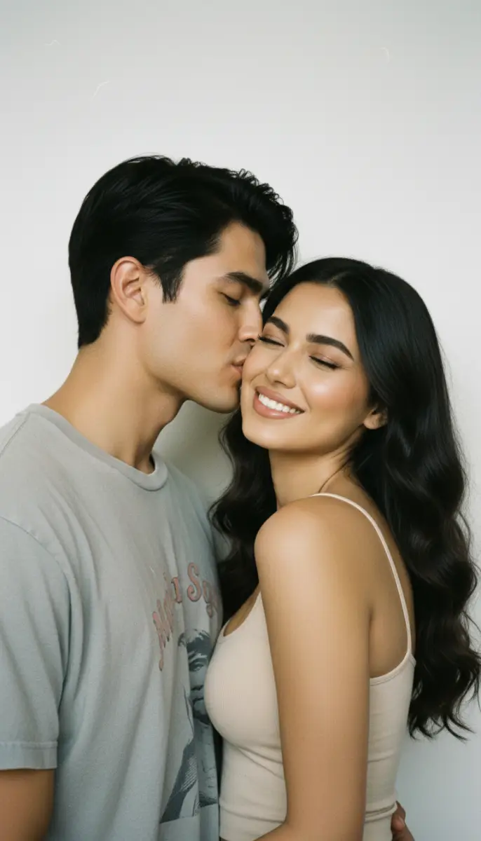Young Man Kissing Happy Woman on the Cheek