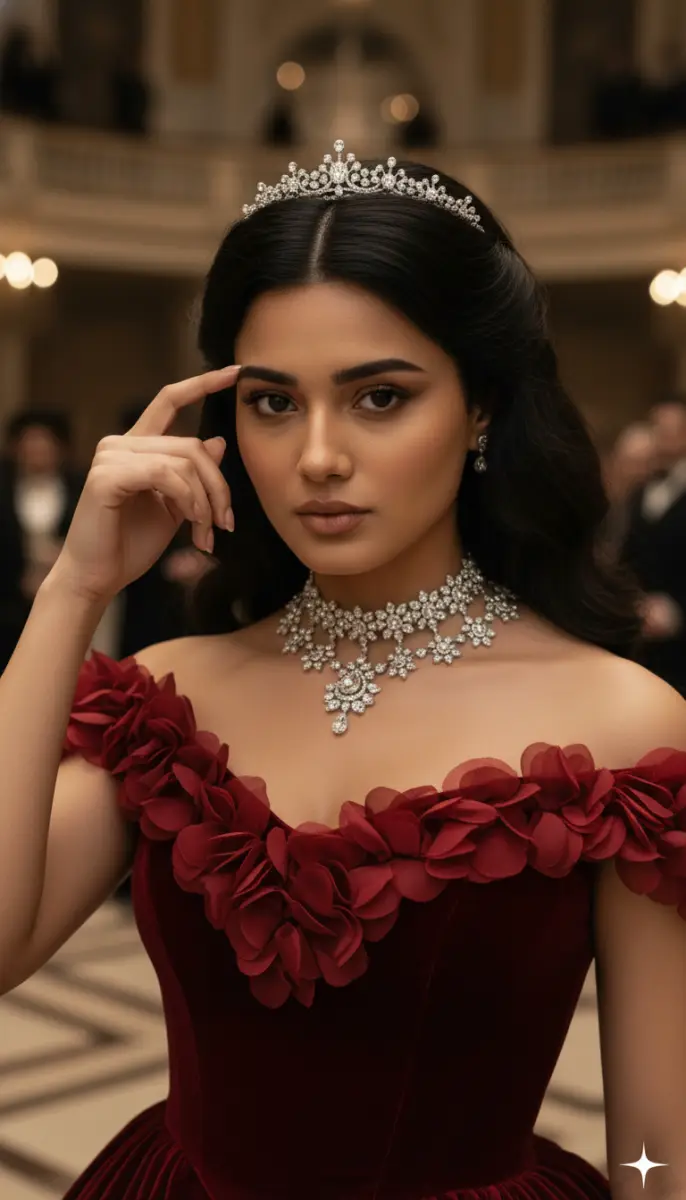 Regal Portrait of a Woman in Diamond Tiara and Red Velvet Gown
