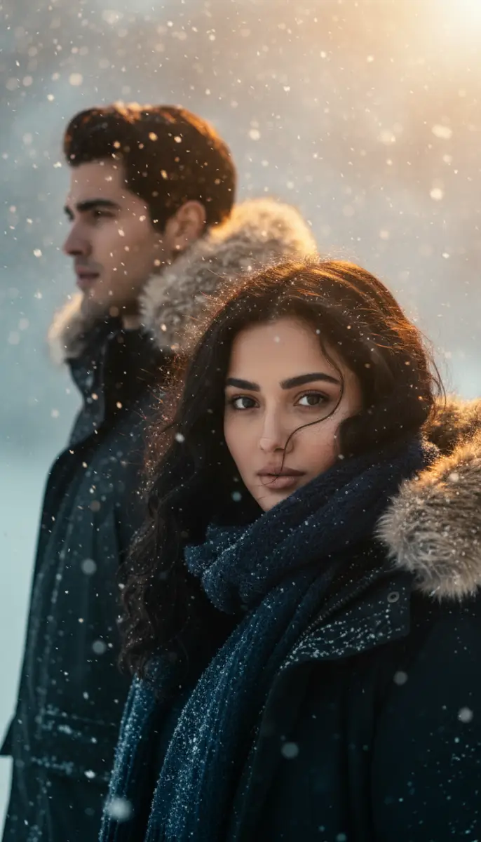 Winter Portrait of a Couple in Snowfall