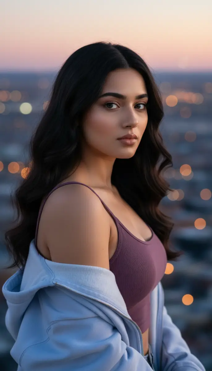 Atmospheric Portrait of a Woman on a City Rooftop at Dusk