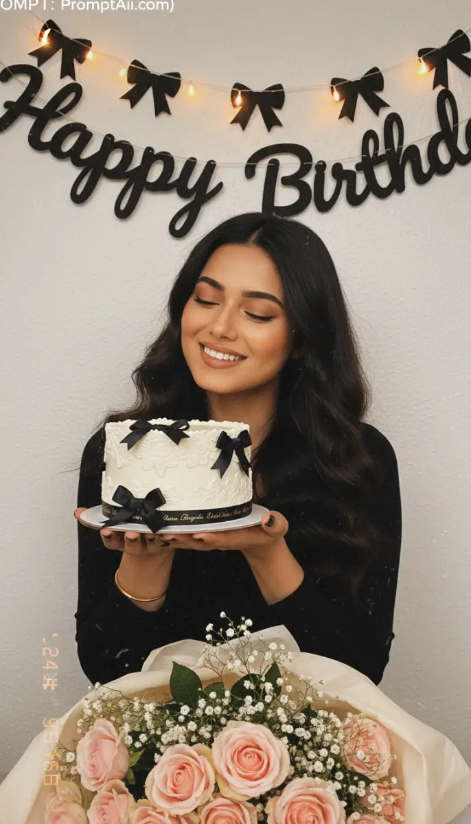 Elegant Birthday Celebration with Cake and Pink Roses