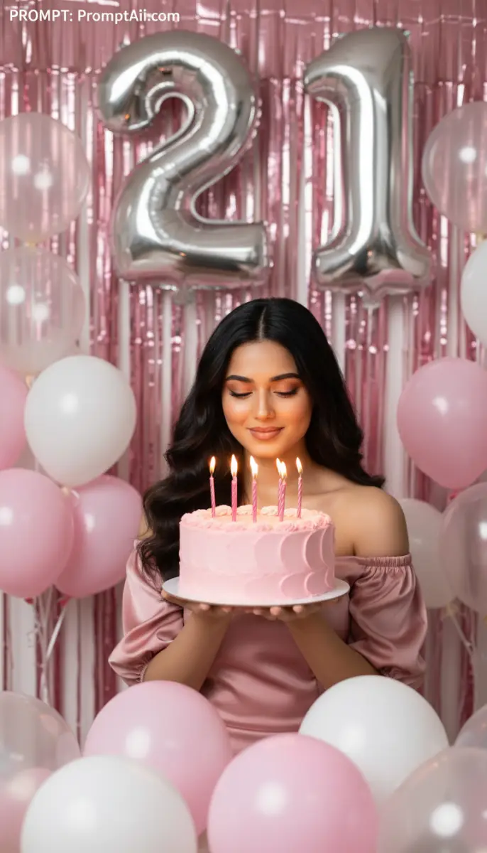 Beautiful Woman Celebrating 21st Birthday with Pink Cake and Balloons