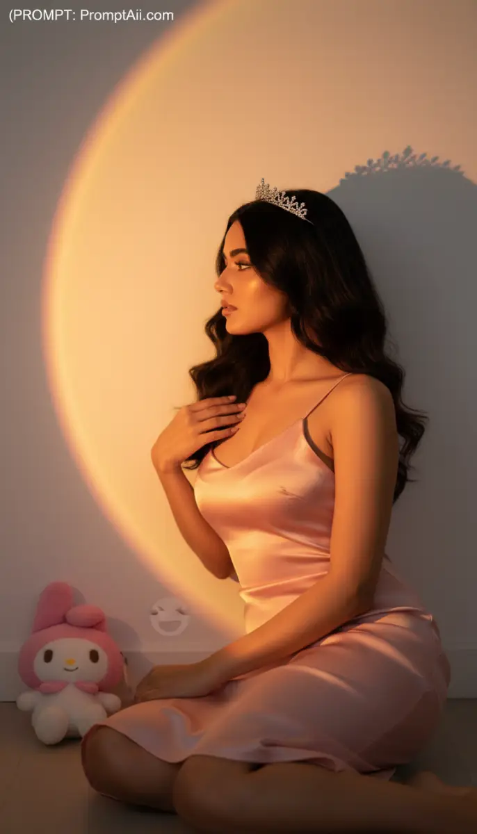 Princess in Satin with Golden Sunset Lamp Glow