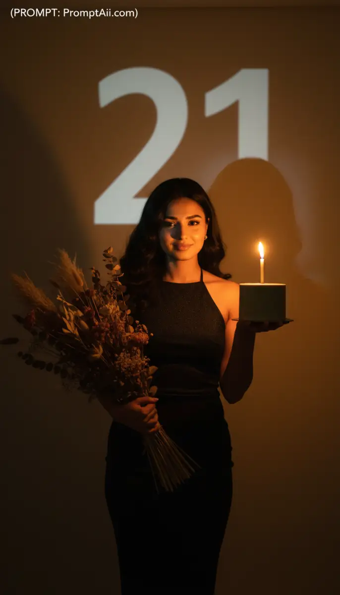 Elegant 21st Birthday Portrait with Cake and Projected Number