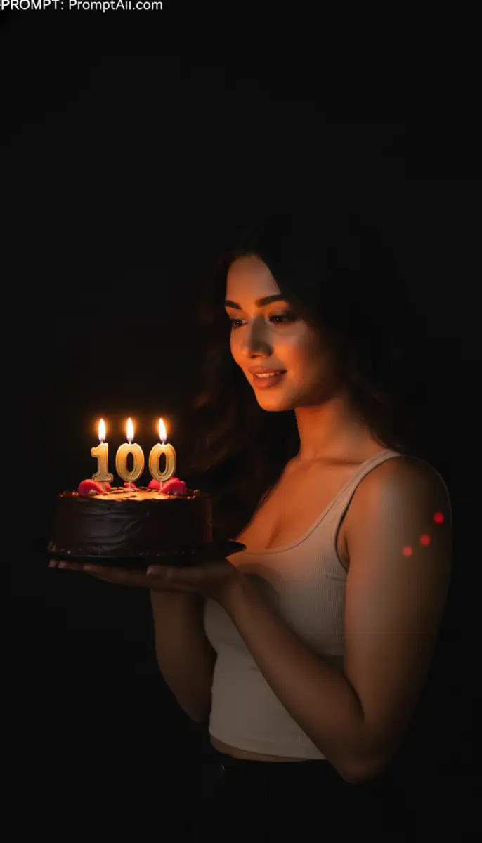 Woman Celebrating with a 100th Birthday Cake in Dramatic Lighting