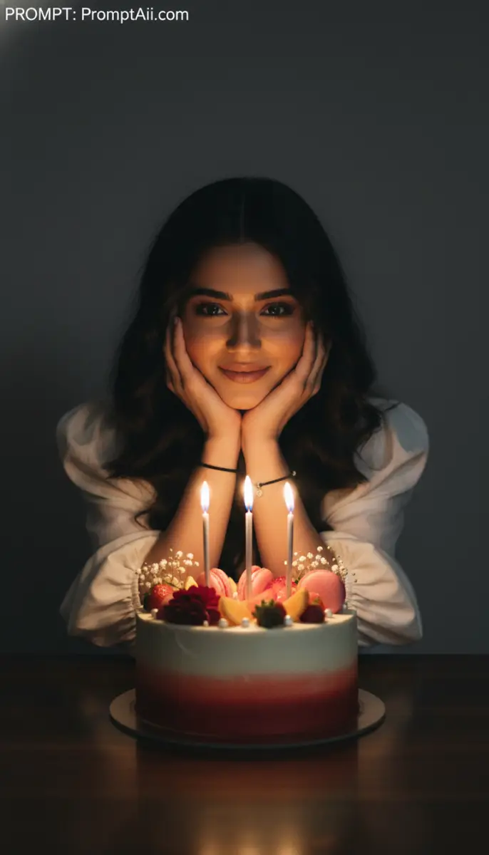 Beautiful Woman Smiling by Candlelit Birthday Cake