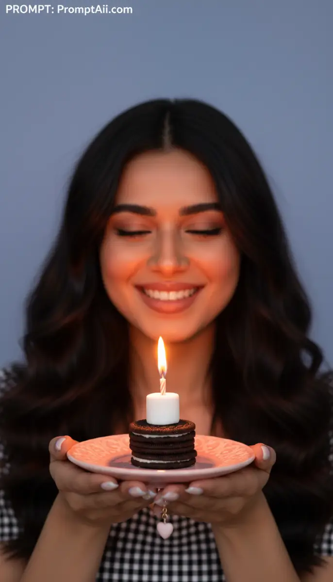 Happy woman holding small dessert stack with birthday candle