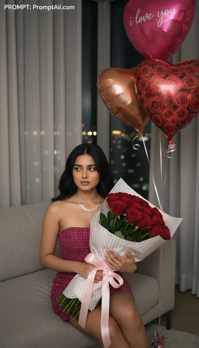Beautiful woman posing with bouquet of roses and heart balloons