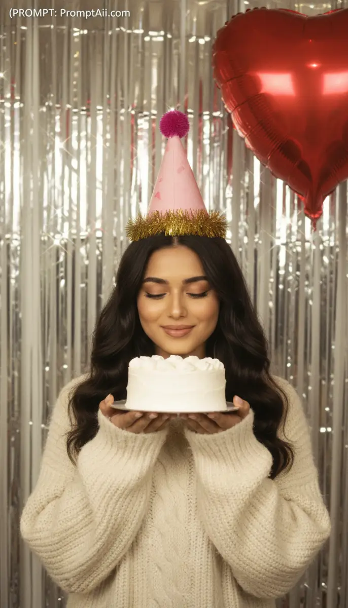 Woman in Party Hat Holding Birthday Cake