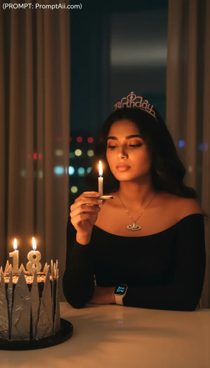 Woman Celebrating 18th Birthday with Cake and Candle at Night