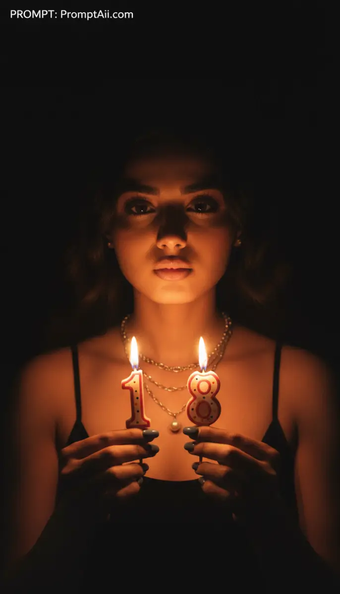 Cinematic Portrait of Woman Holding Lit 18th Birthday Candles