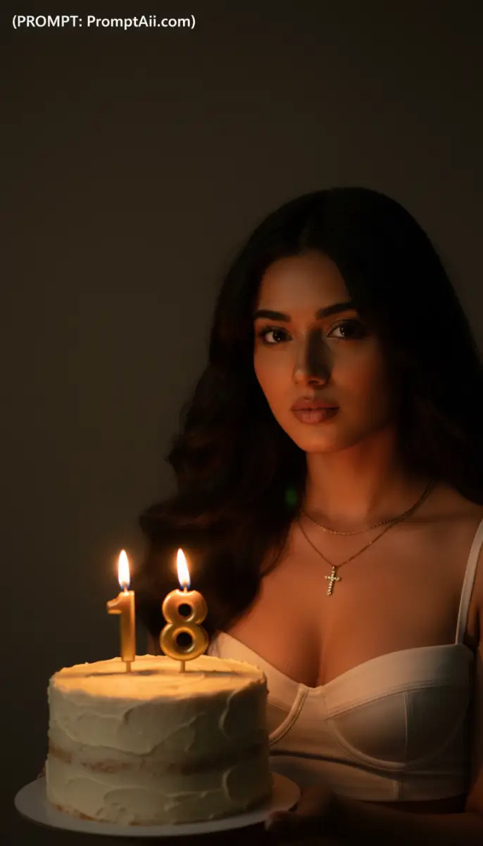 Moody portrait of a woman holding an 18th birthday cake