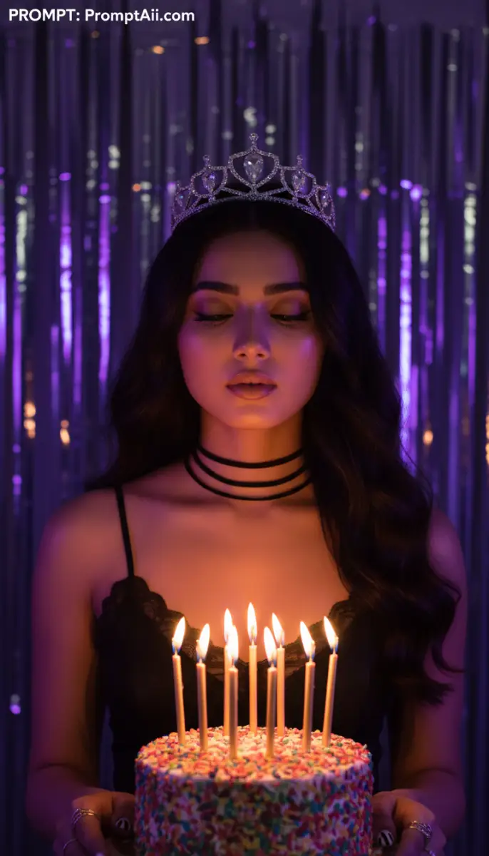 Birthday Woman Making Wish with Tiara and Lit Candles