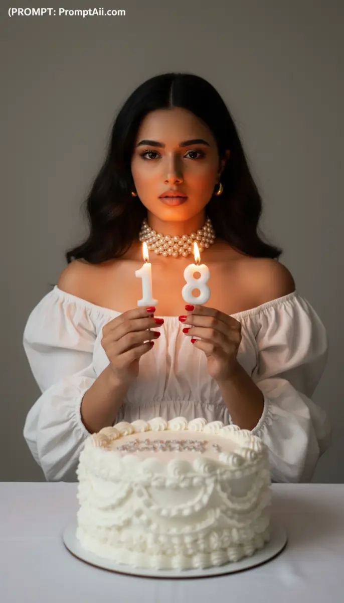 Young Woman Holding 18th Birthday Candles Above White Cake