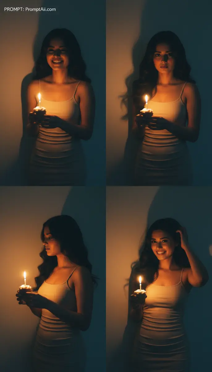 Portrait of Woman Holding Lit Birthday Candle and Cupcake
