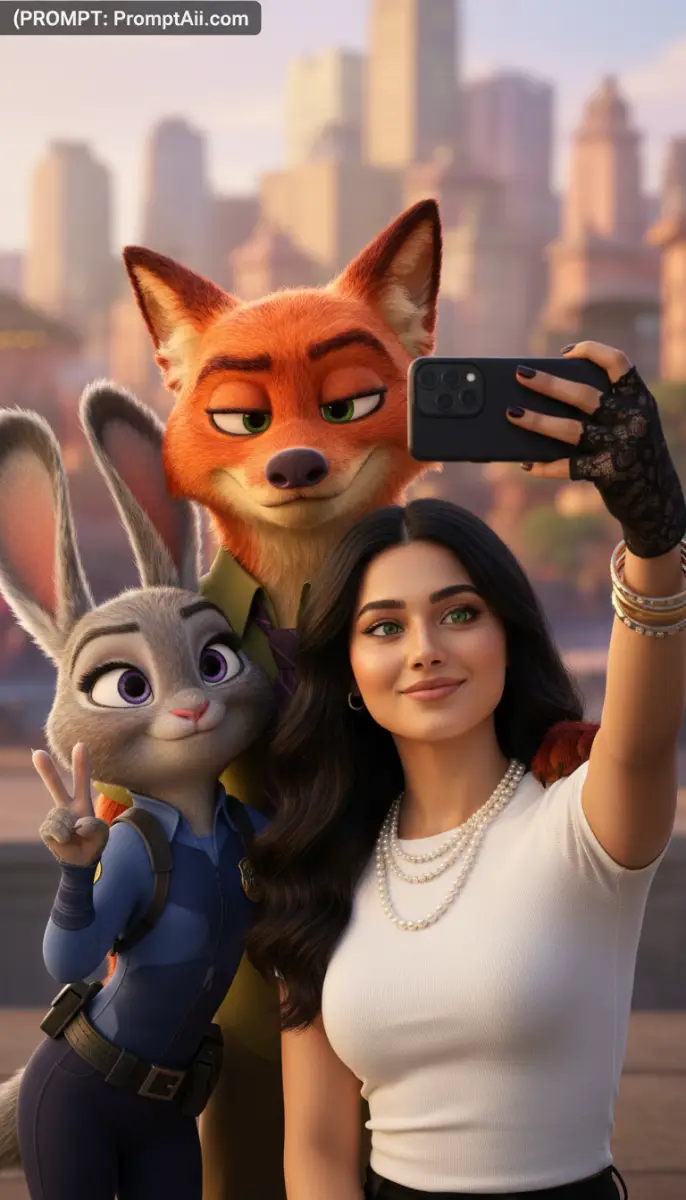 Woman Takes Selfie with Zootopia Characters Judy and Nick