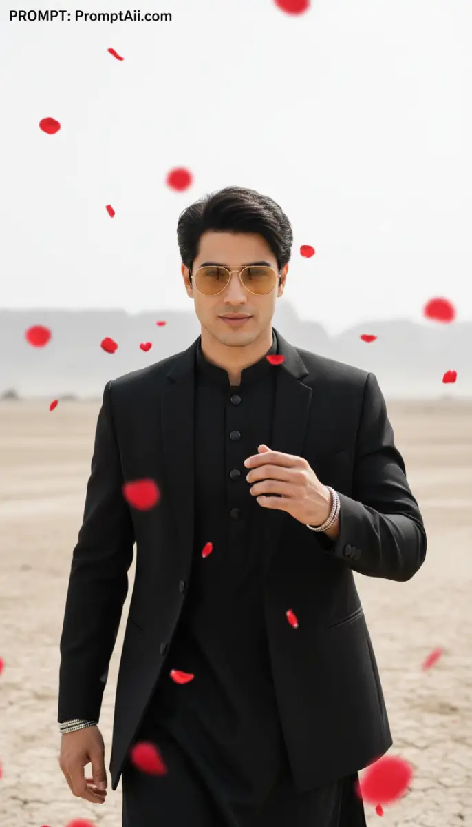 Handsome Man in Black Traditional Suit Amidst Falling Rose Petals