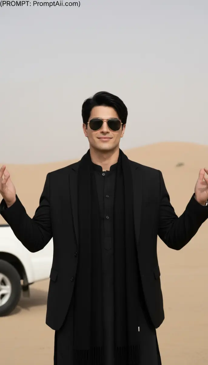 Stylish Man in Black Traditional Outfit Posing in Desert