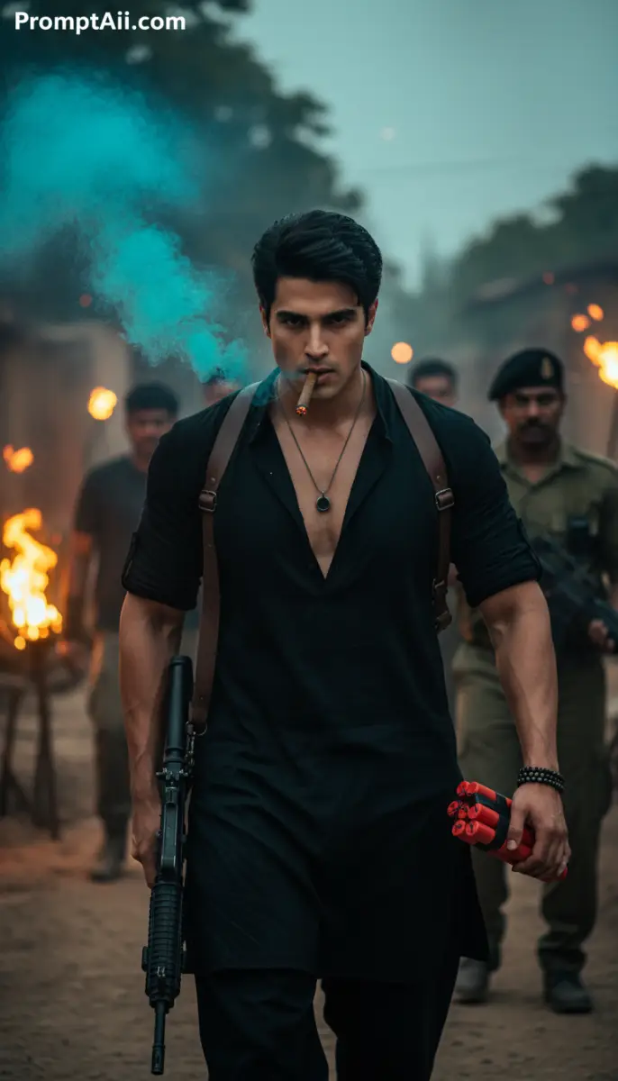 Intense Man with Cigar, Rifle, and Dynamite