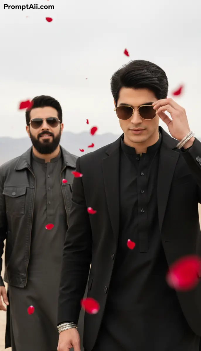 Fashionable Men in Black Traditional Suits and Sunglasses