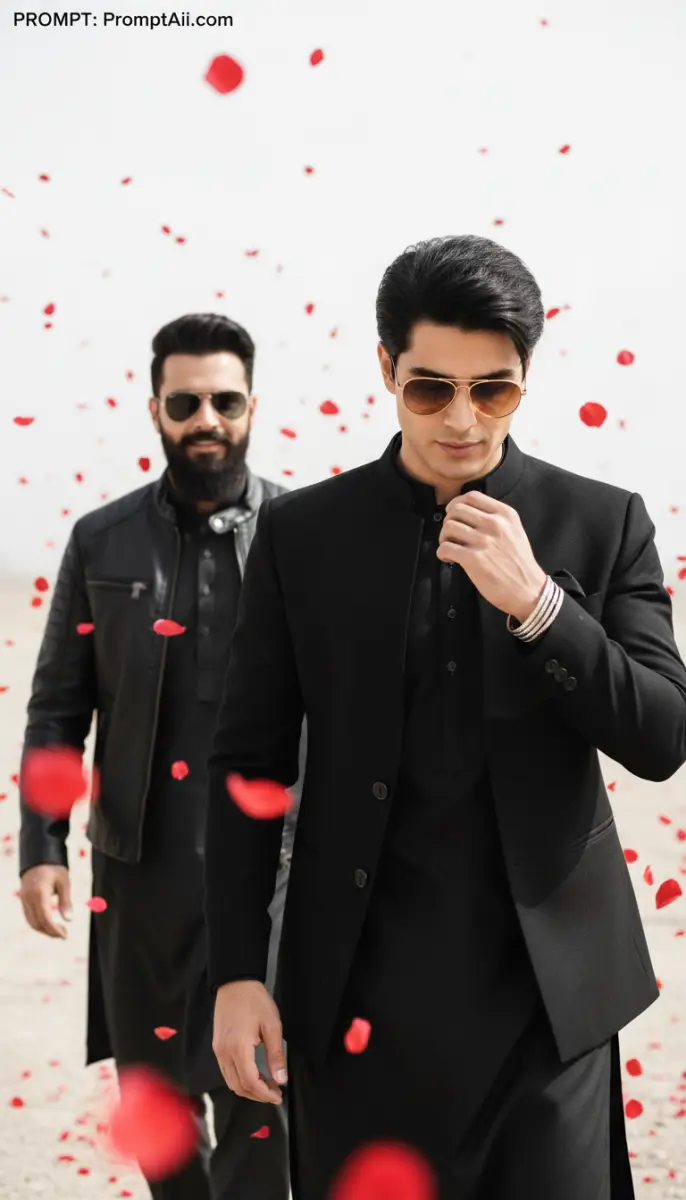 Stylish Men in Black Traditional Suits Walking with Rose Petals