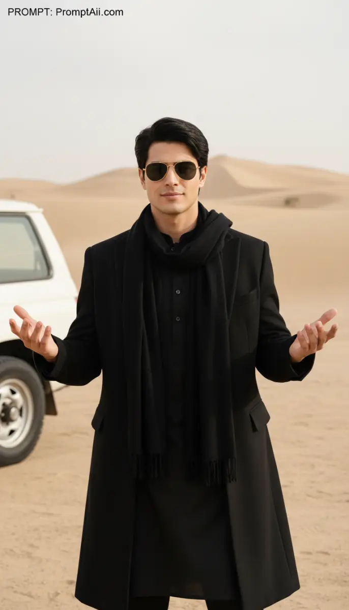 Stylish Man in Black Coat and Scarf in Desert Landscape
