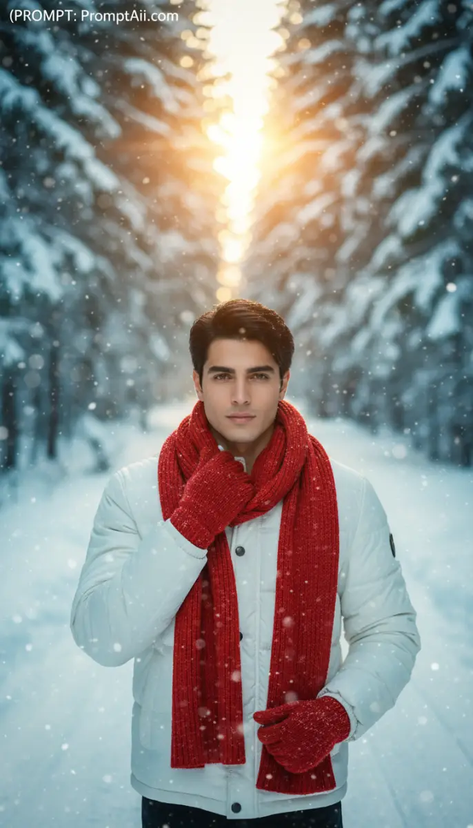 Man Posing in Winter Snow with Red Scarf and White Jacket