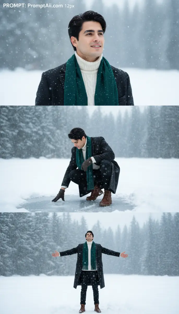Stylish Man in Black Coat and Scarf Posing in Snow