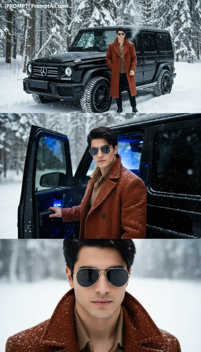 Stylish man in coat next to black G-Wagon in snow
