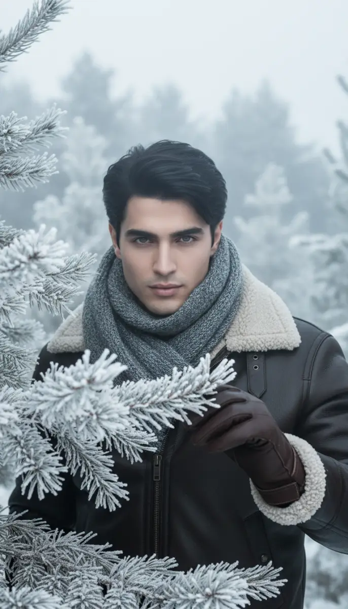 Handsome man in leather jacket and scarf in a snowy forest