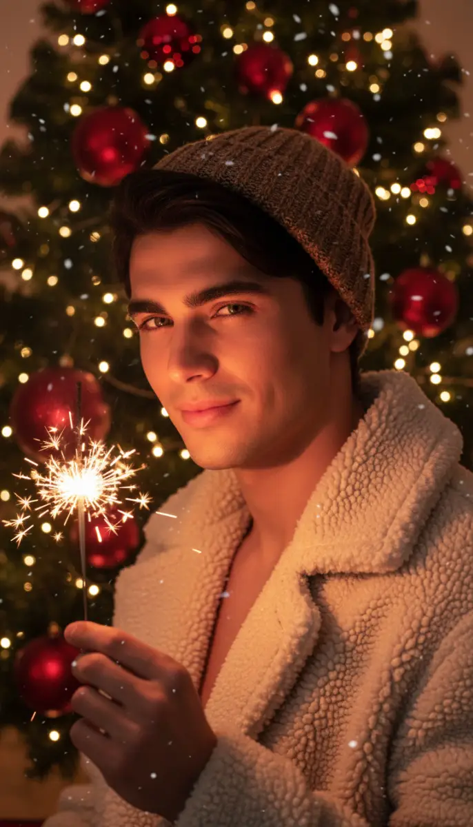Young Man Holding Sparkler in Front of Lit Christmas Tree