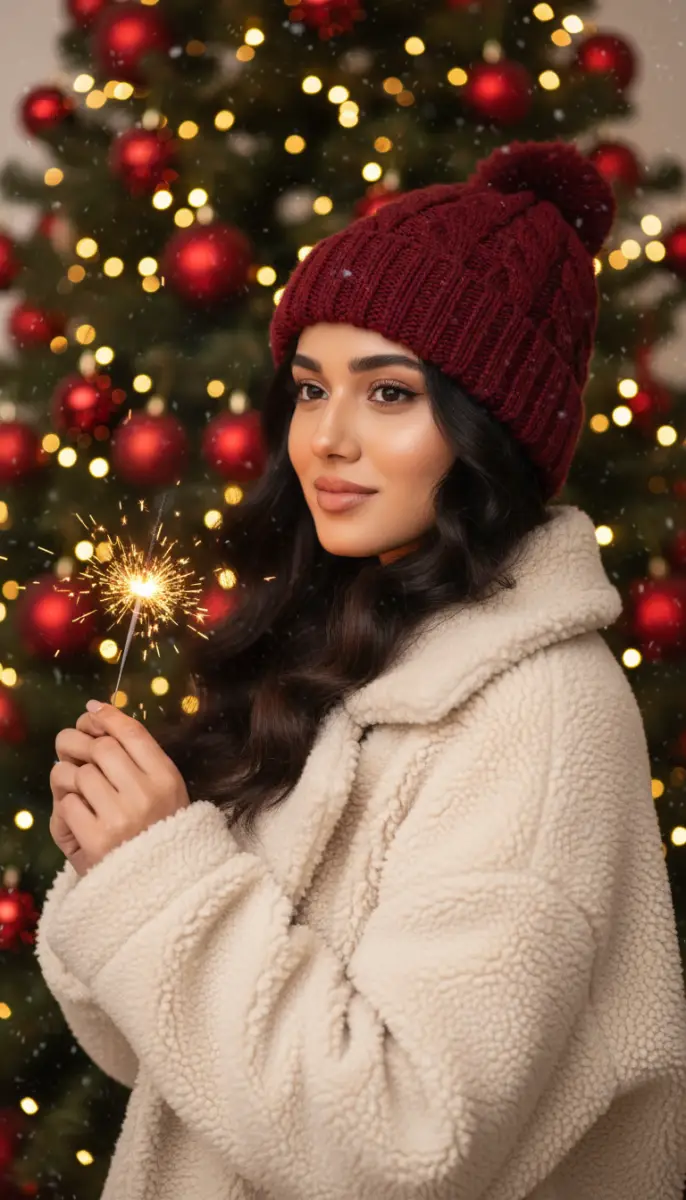 Stylish Woman in Winter Hat with Sparkler and Christmas Lights