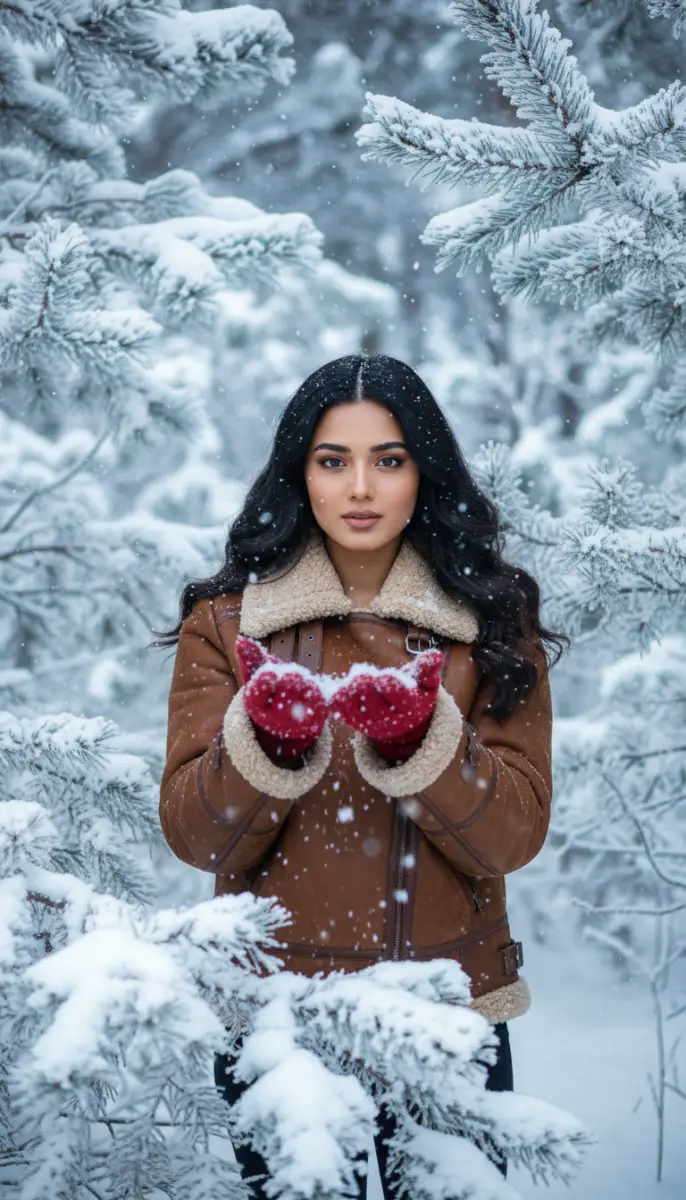 Woman in Brown Jacket and Red Mittens in Snowy Forest