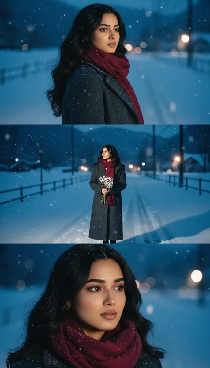 Portrait of Woman Holding Flowers in Winter Snow