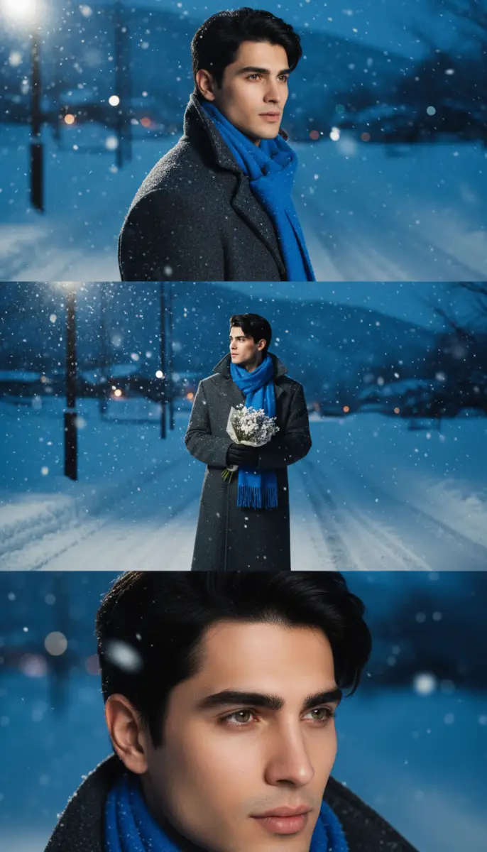 Portrait of man holding flowers in winter snowfall