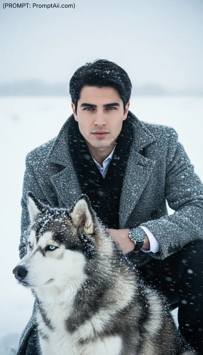 Stylish Man in Grey Coat Posing with Husky in Snow