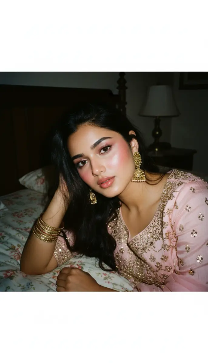 Moody portrait of woman in traditional pink sequin outfit