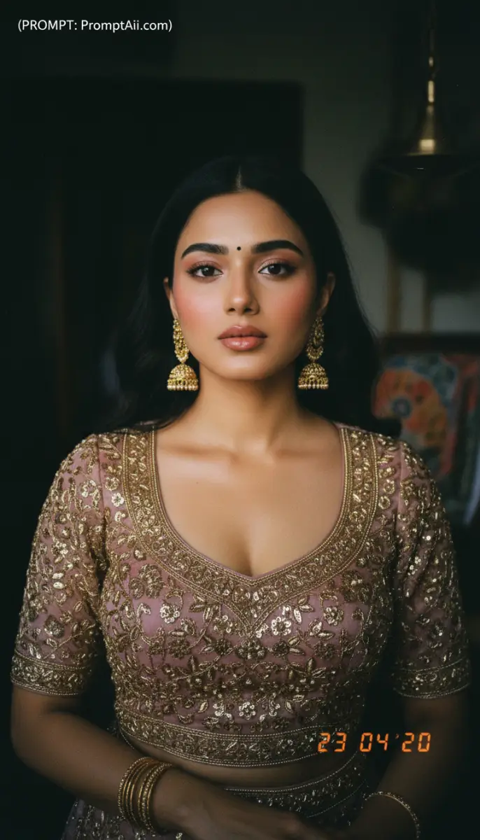 Portrait of Indian Woman Wearing Traditional Gold Embroidered Outfit