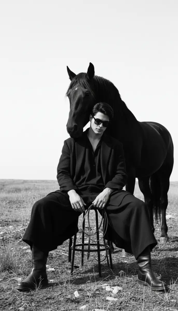 Black and White Fashion Portrait of Man and Horse