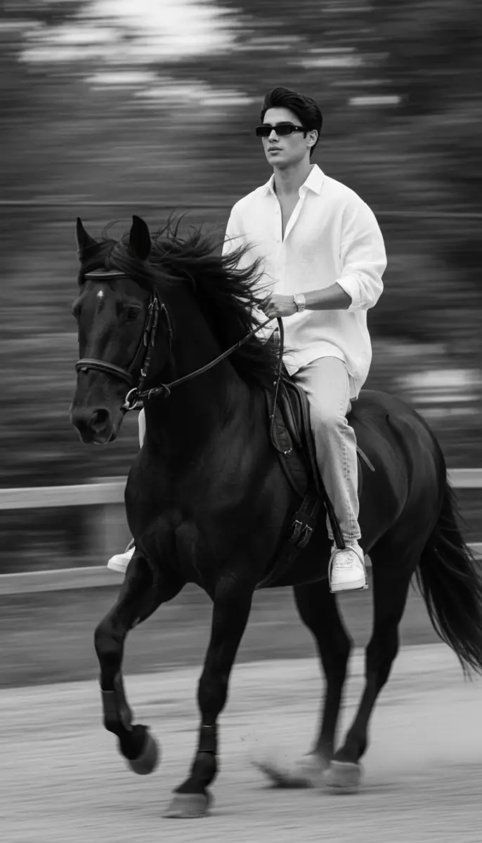 Fashionable Man in Sunglasses Riding Horse in B&W
