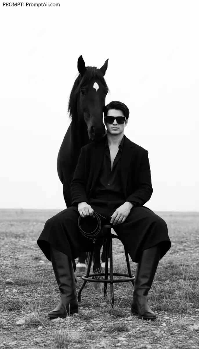 Man in Black Fashion Attire Sitting with Dark Horse