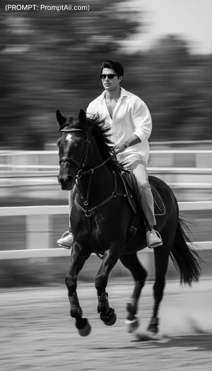 Stylish Man in Sunglasses Riding a Horse in B&W