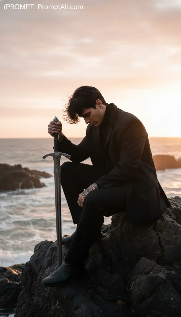 Man in black suit holding sword sitting on rocks at sunset