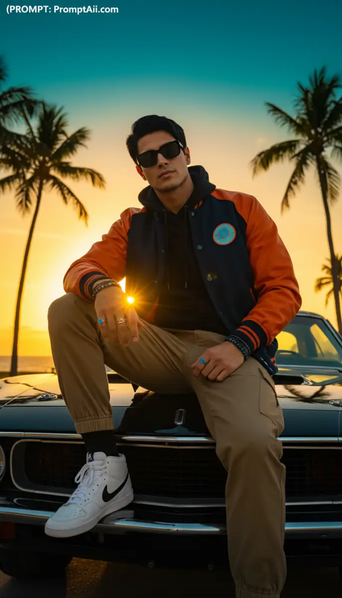Stylish Man in Varsity Jacket on Classic Car at Sunset