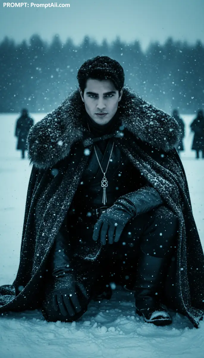 Man in fur cloak kneeling in snow during winter storm