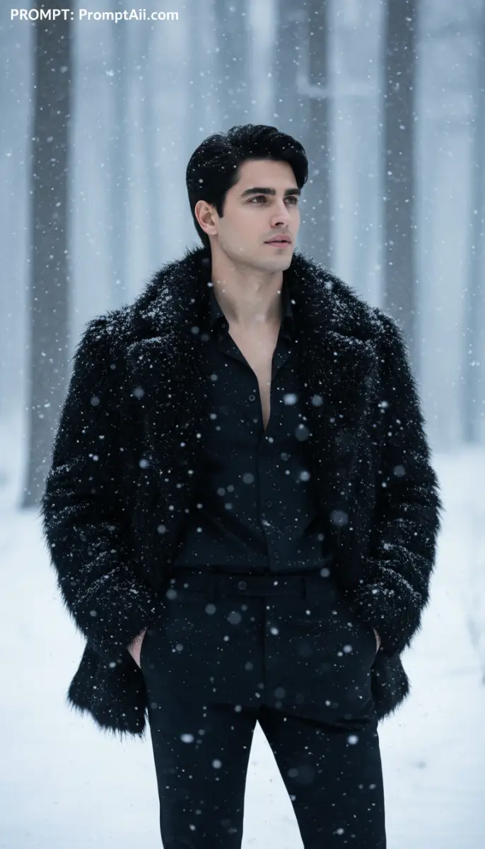 Cinematic Portrait of Man in Black Fur Coat in Heavy Snow