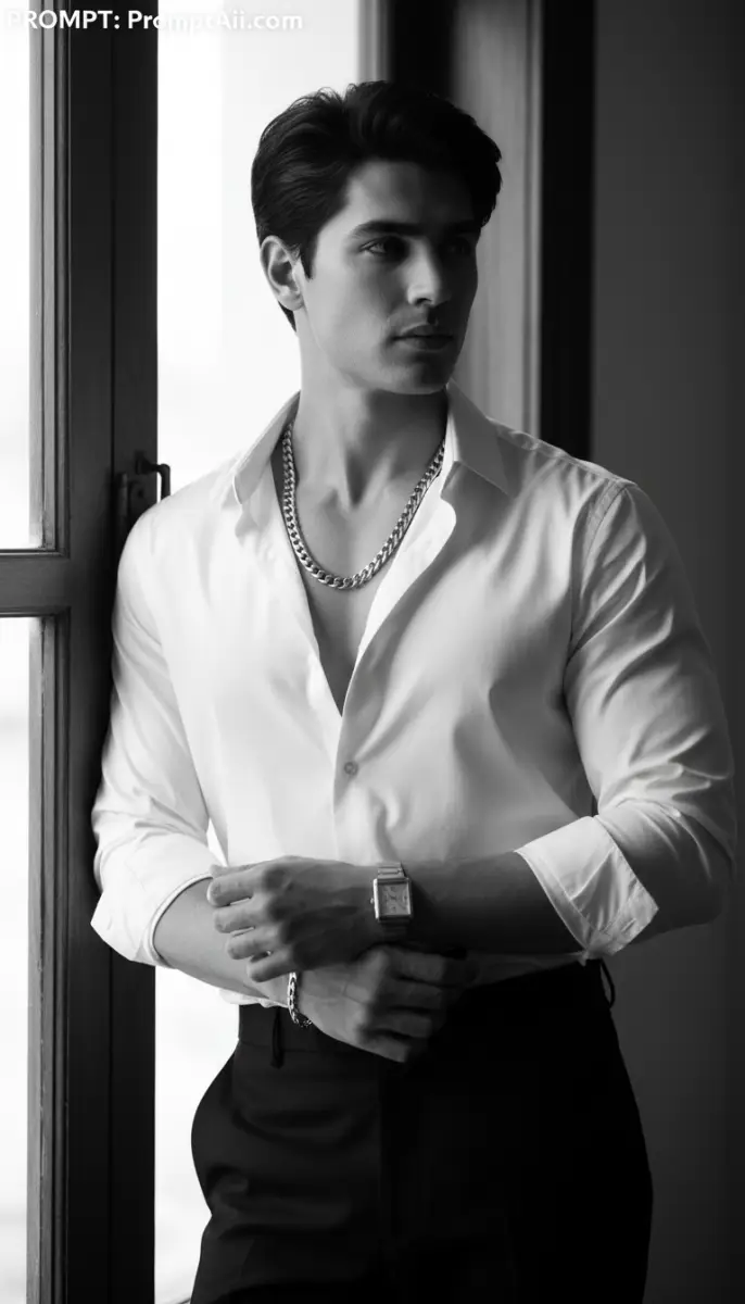 Black and White Portrait of Stylish Man in White Shirt
