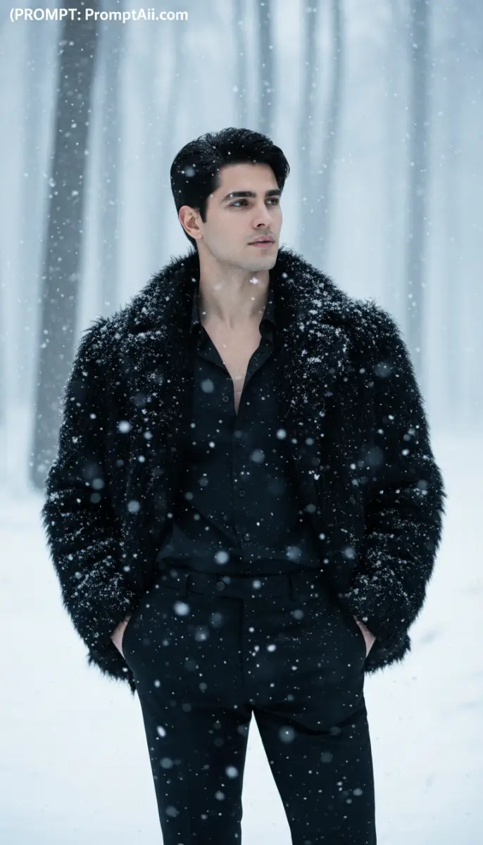 Stylish Man in Black Coat in Snowy Forest