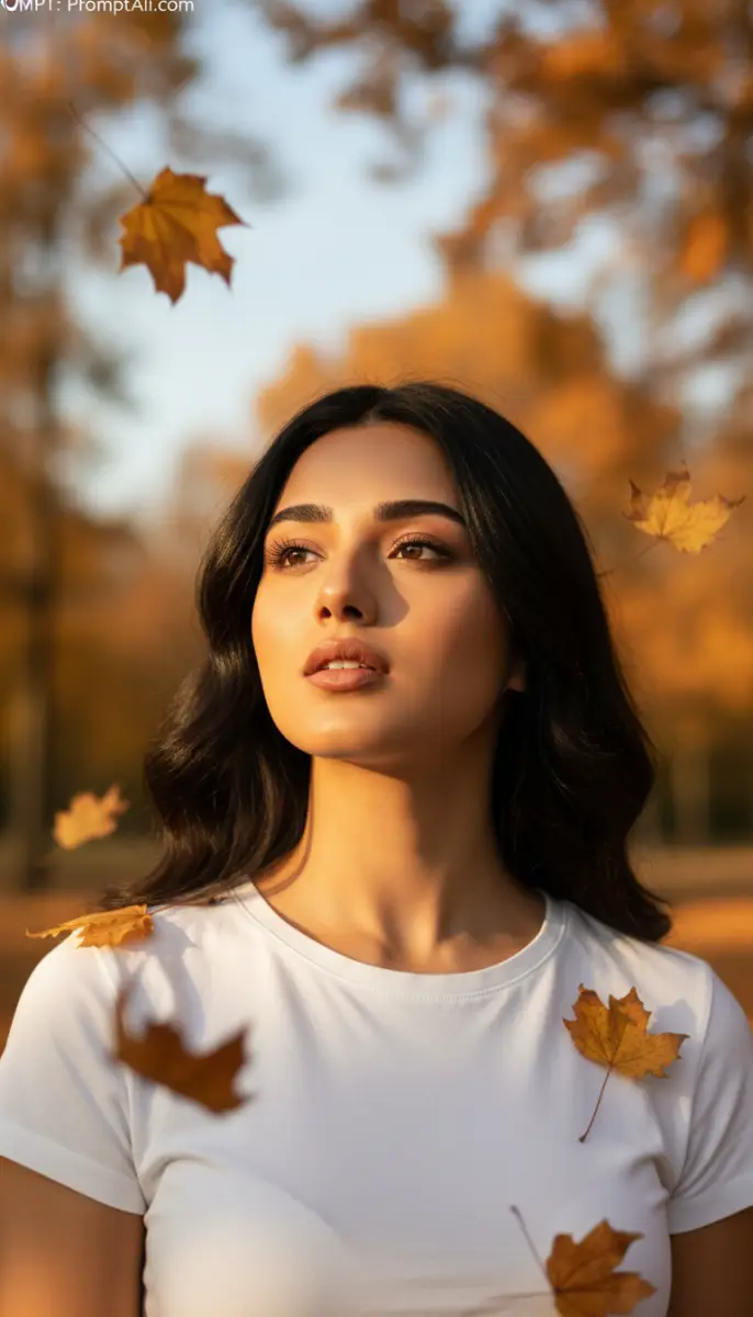 Portrait of Woman with Falling Autumn Leaves at Golden Hour