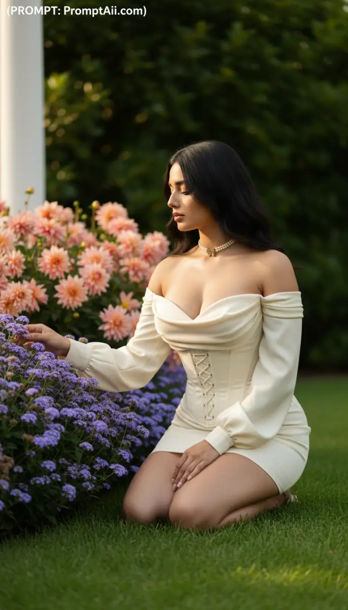 Woman in Corset Dress Kneeling by Flowers at Golden Hour